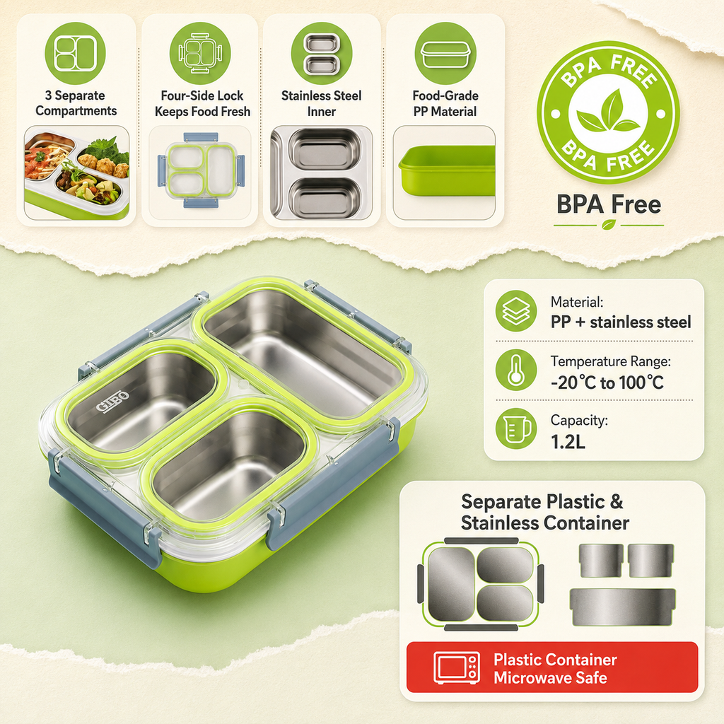 Gibo Premium Stainless Steel Bento Lunch Box (Green)