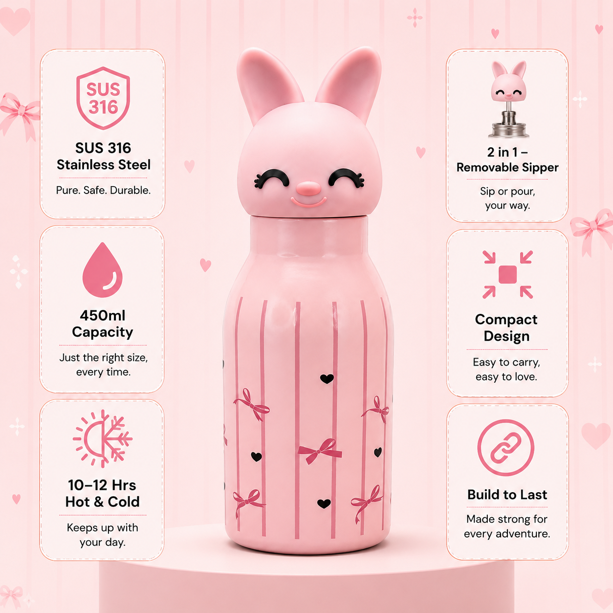 3D Bunny 450ml 2-in-1 Insulated Bottle