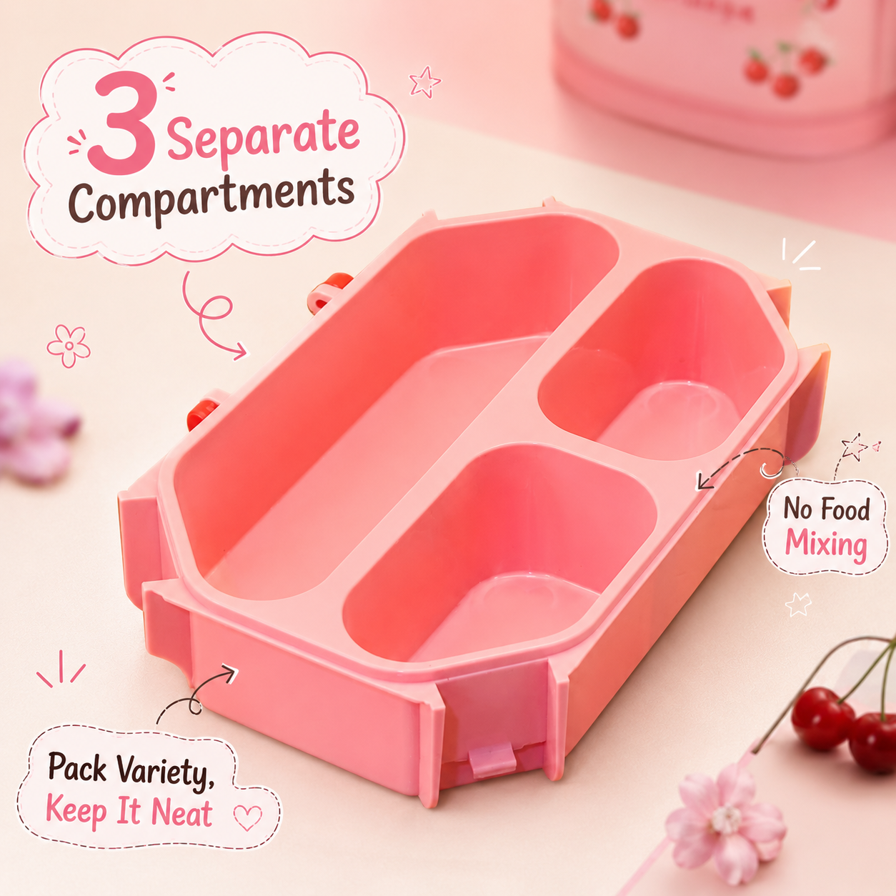 Cherry Blossom 3-Compartment Leak-Proof Kids Lunch Box with Handle