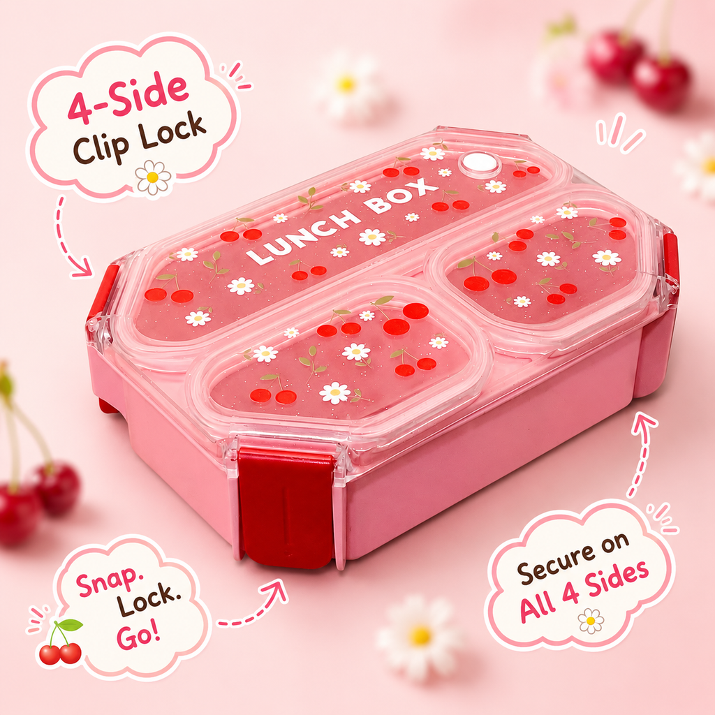 Cherry Blossom 3-Compartment Leak-Proof Kids Lunch Box with Handle