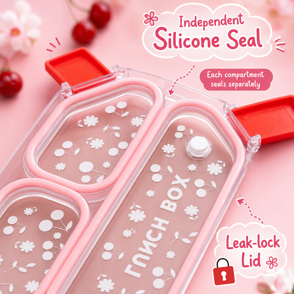 Cherry Blossom 3-Compartment Leak-Proof Kids Lunch Box with Handle
