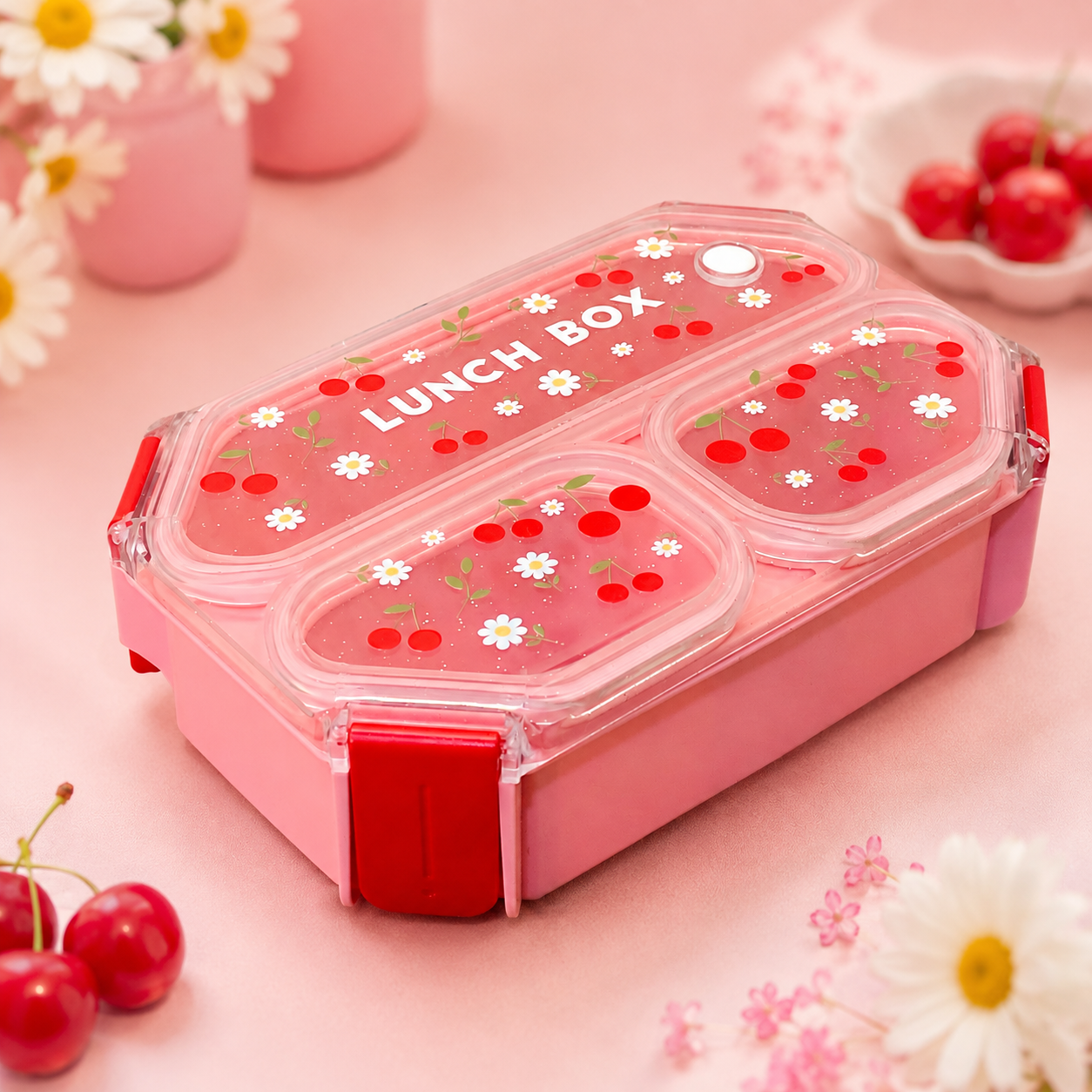 Cherry Blossom 3-Compartment Leak-Proof Kids Lunch Box with Handle
