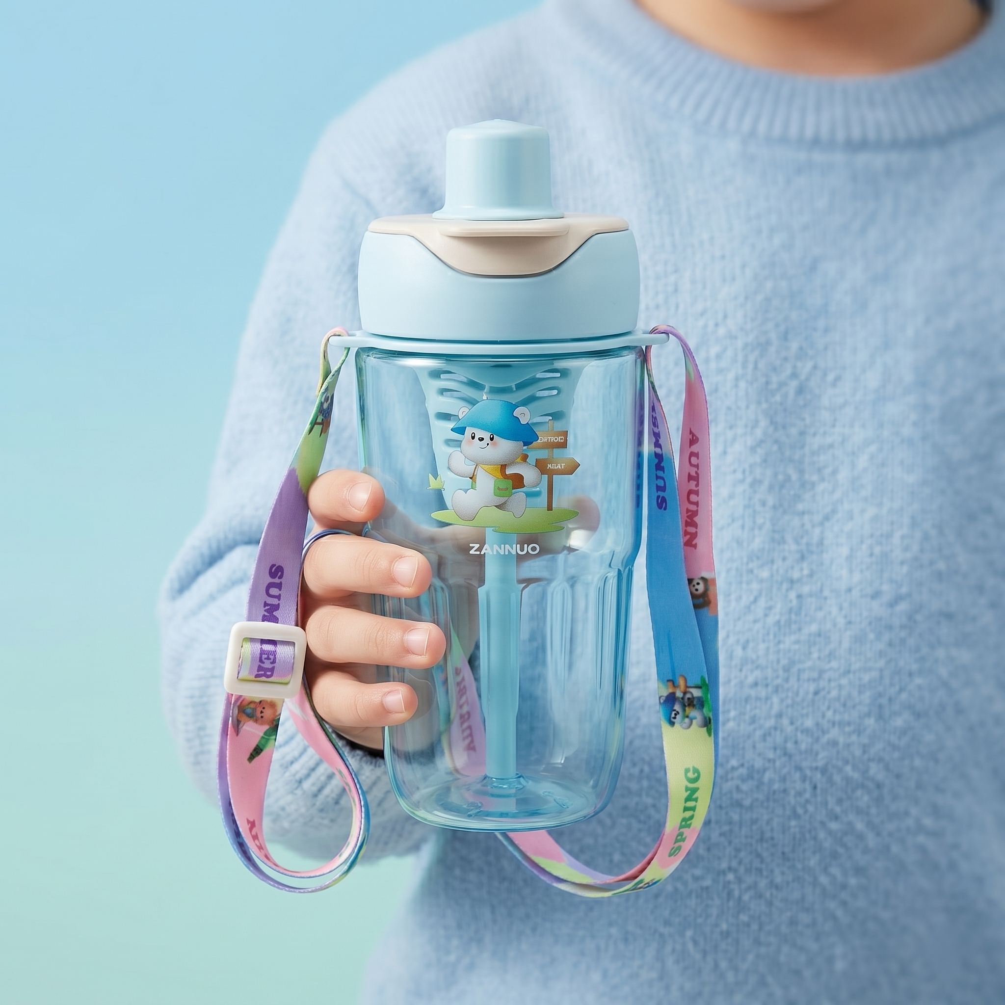 2-in-1 Dual-Lid "Mountain Hiker" Bear Water Bottle | Blue