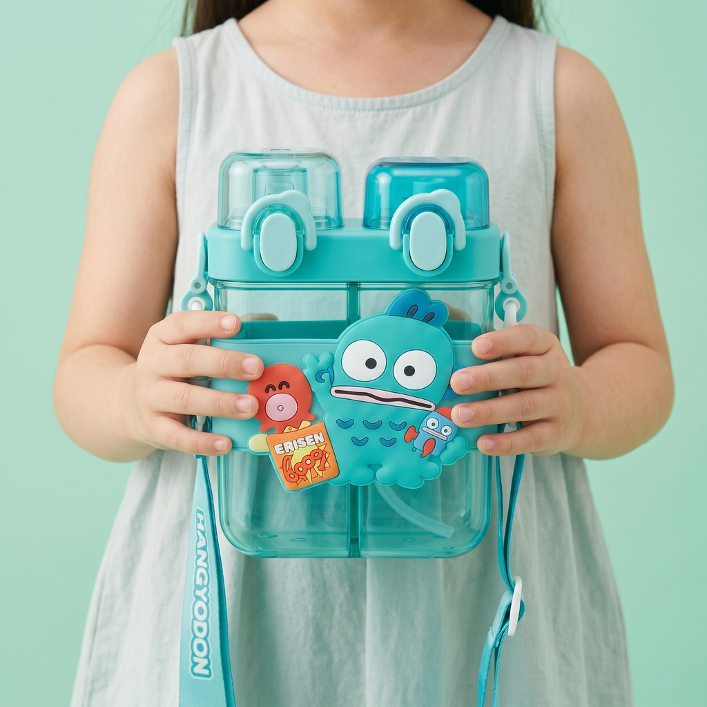 Hangyodon 2-in-1 Dual-Chamber Water Bottle for Kids | 680ml Teal Sipper & Non-Sipper BPA-Free Plastic Bottle with Adjustable Carry Strap