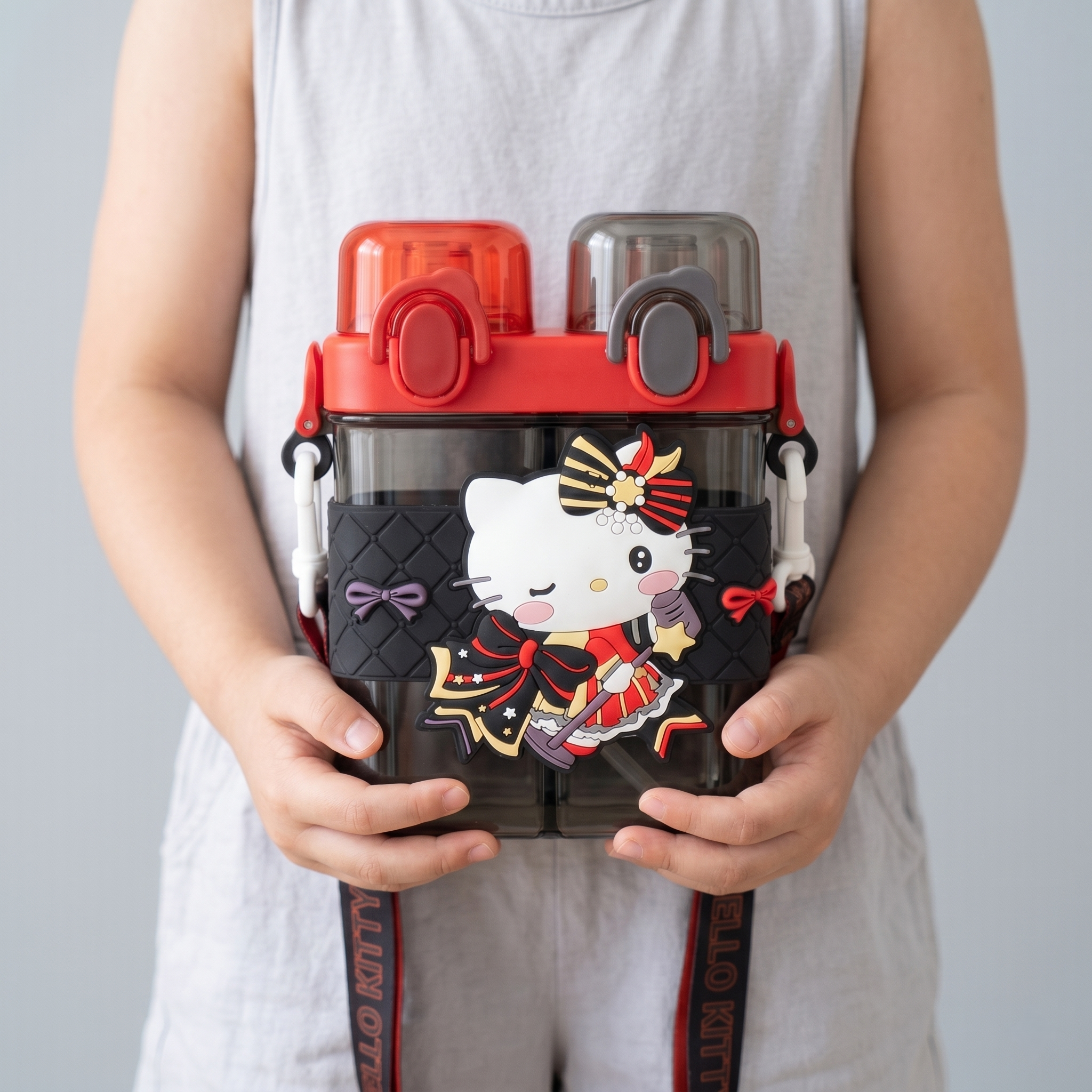Hello Kitty 2-in-1 Dual-Chamber Water Bottle for Kids | 680ml Red & Black Sipper & Non-Sipper BPA-Free Plastic Bottle with Adjustable Carry Strap