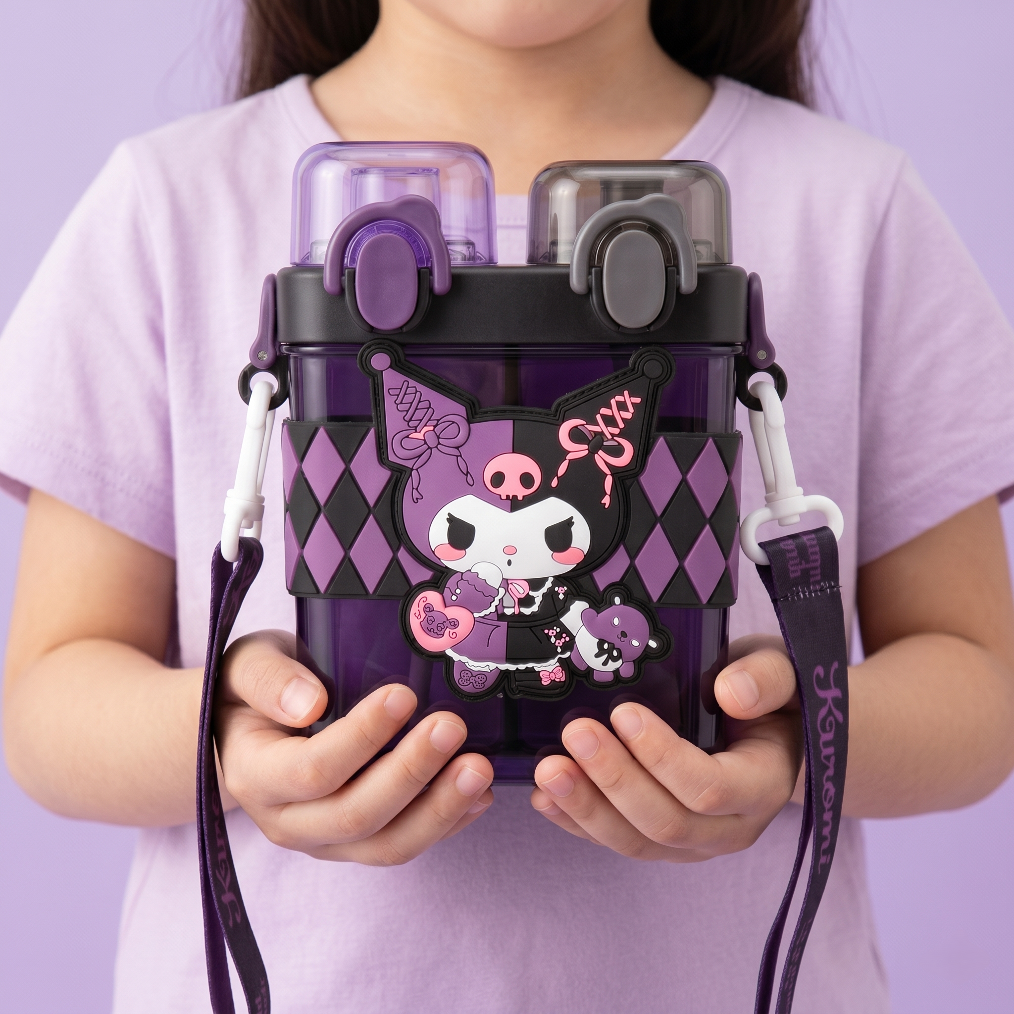 Kuromi 2-in-1 Dual-Chamber Water Bottle for Kids | 680ml Sipper & Non-Sipper BPA-Free Plastic Bottle with Adjustable Carry Strap