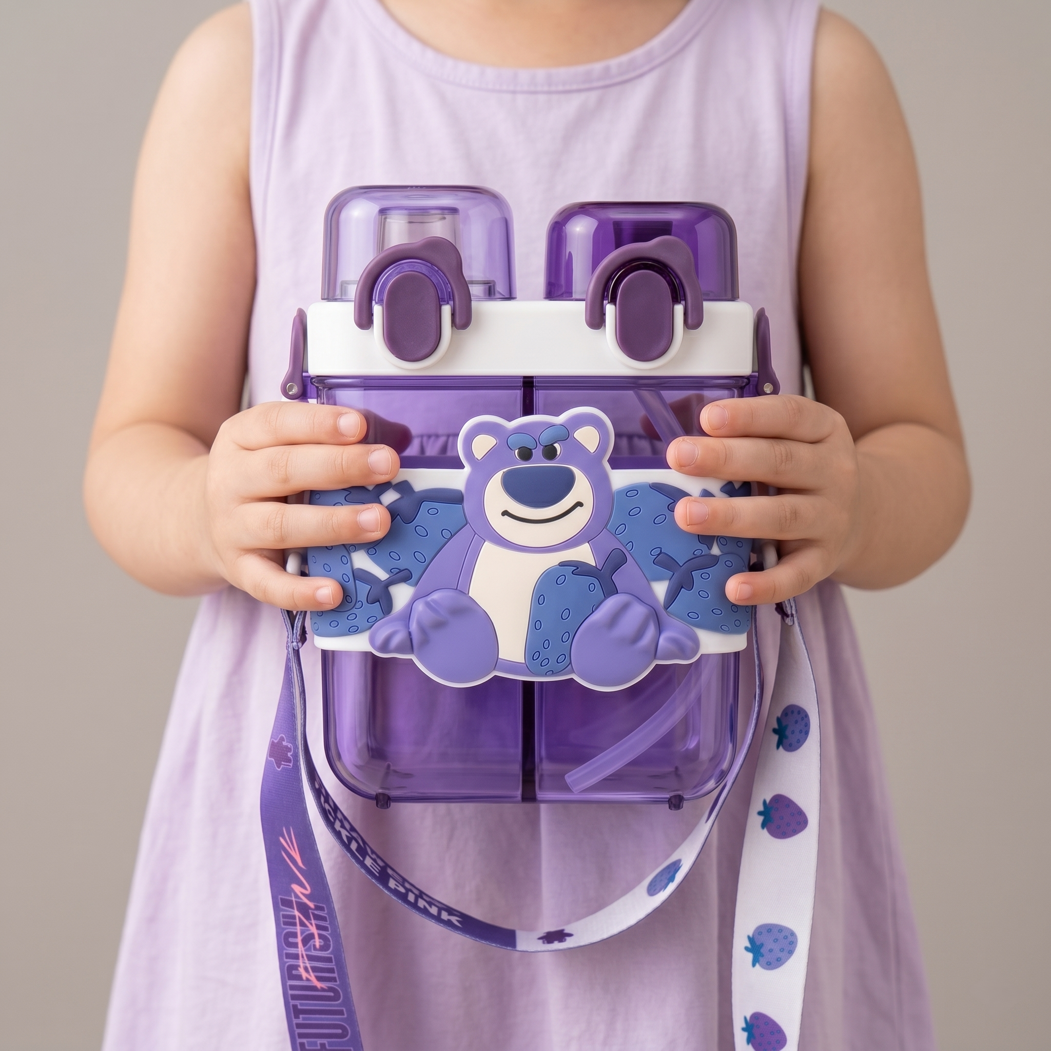 Lotso Bear 2-in-1 Dual-Chamber Water Bottle for Kids | 680ml Purple Sipper & Non-Sipper BPA-Free Plastic Bottle with Adjustable Carry Strap