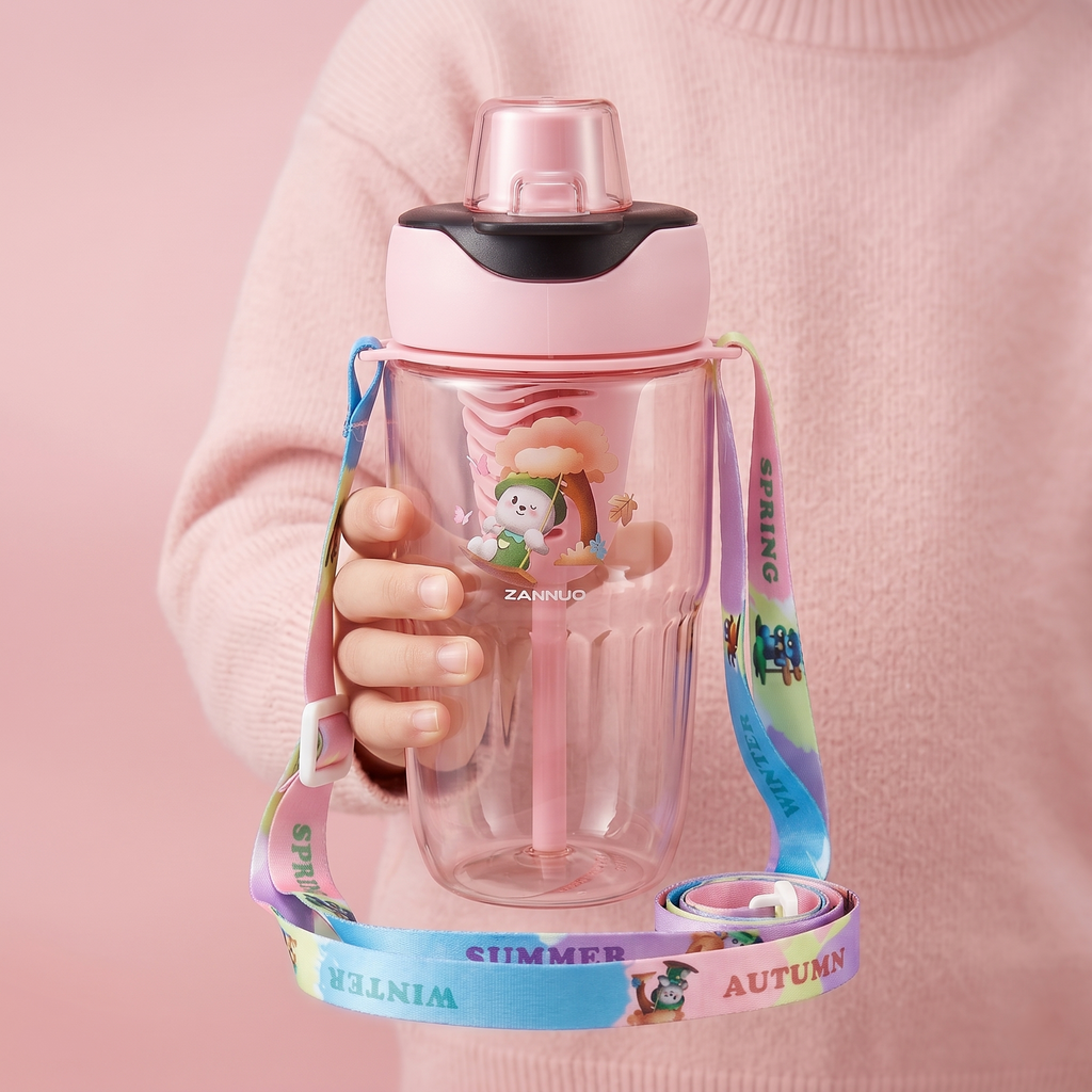 2-in-1 Dual-Lid "Autumn Garden" Bear Water Bottle |Pink