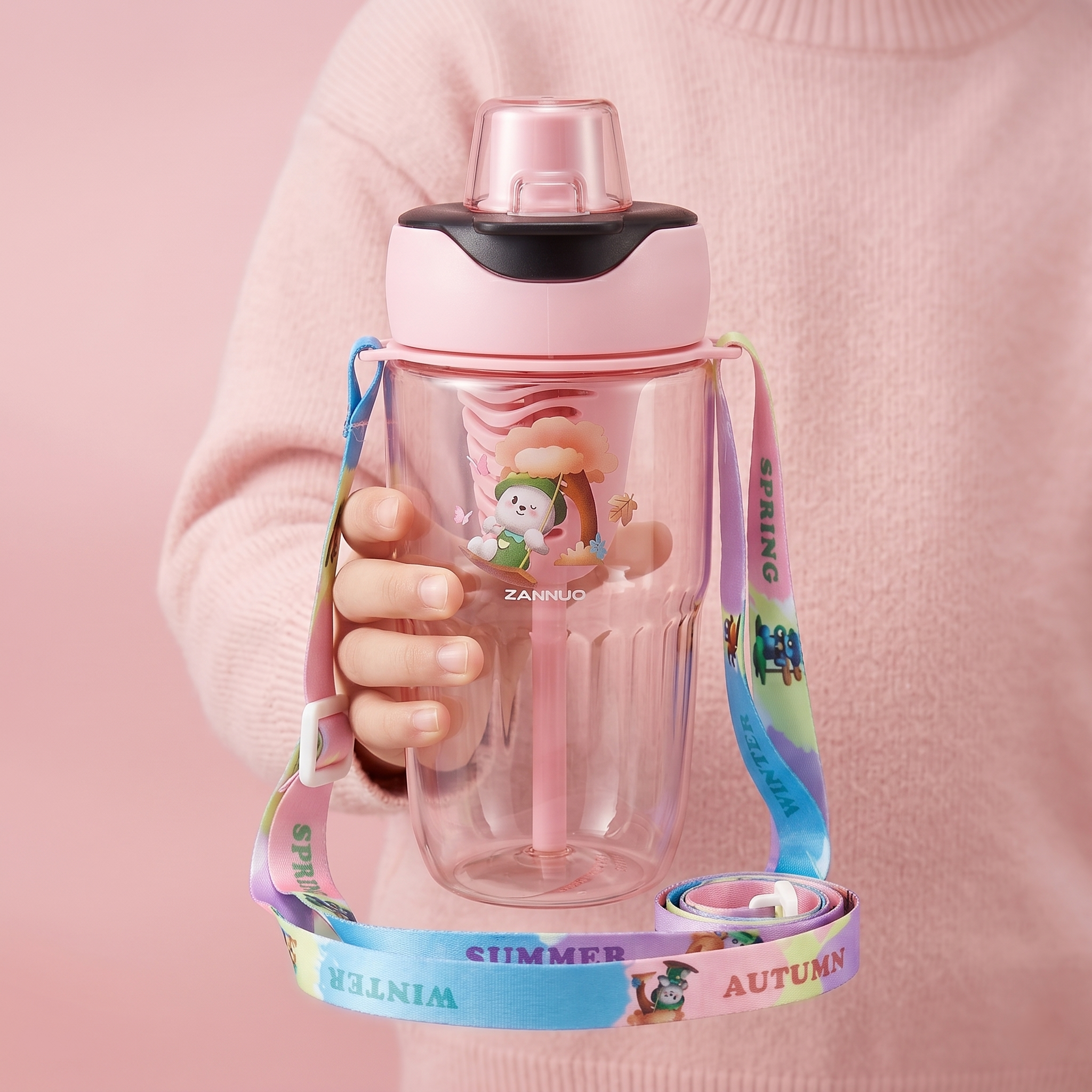 2-in-1 Dual-Lid "Autumn Garden" Bear Water Bottle |Pink