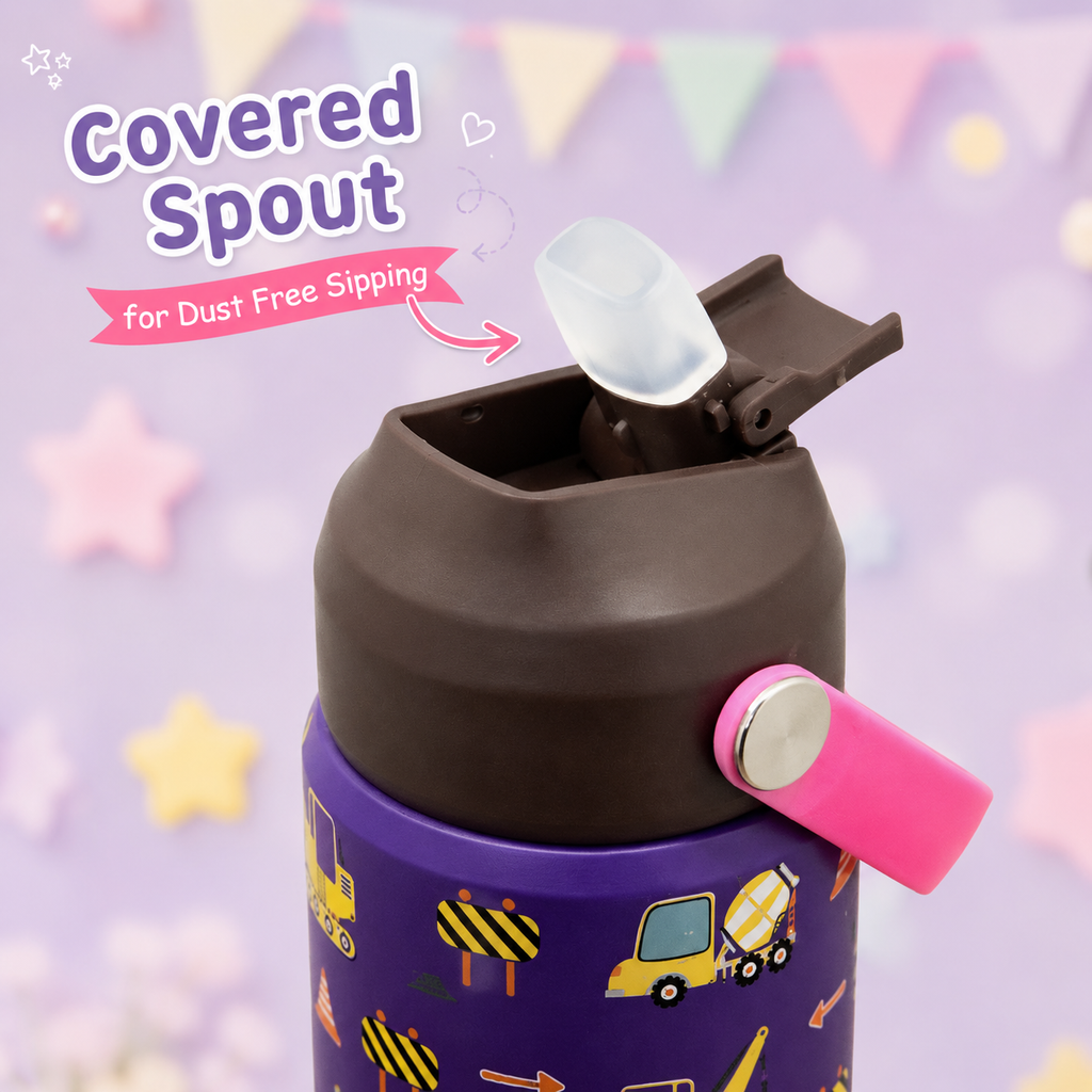 600ml Construction Theme Stainless Steel Insulated Bottle for Kids – Purple & Brown