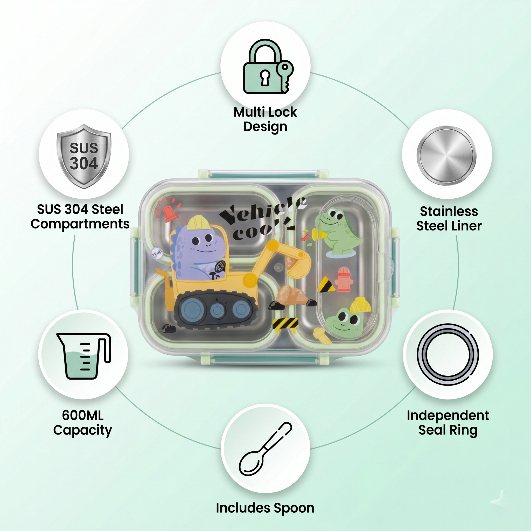 Dino Builder 600ml Premium Stainless Steel Bento Box