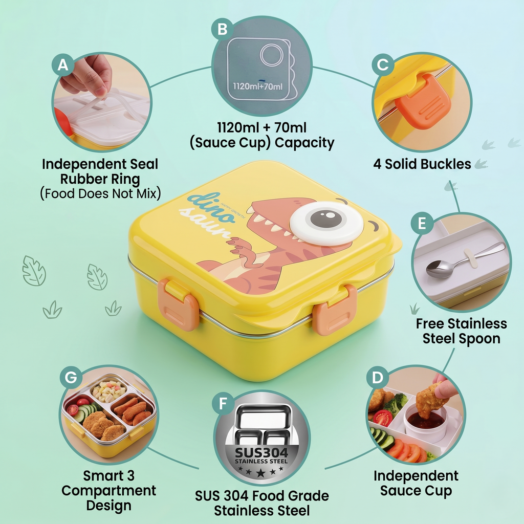 Dino-Yellow Giant 1120ml Double Layer Stainless Steel Bento Box