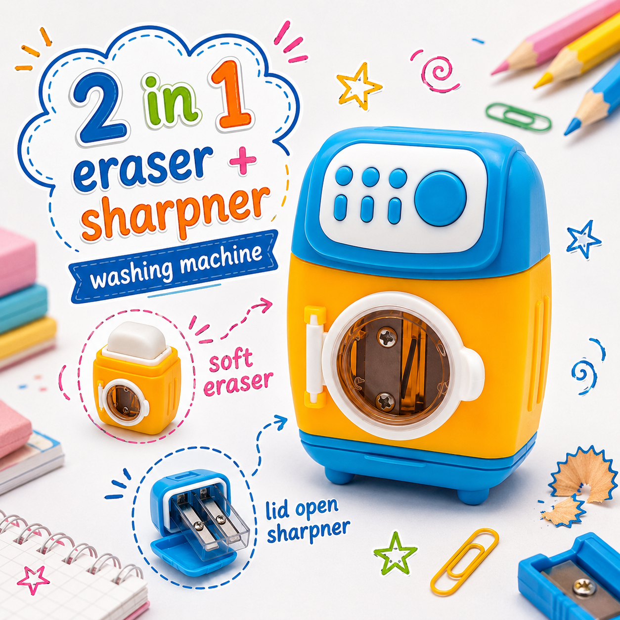 Washing Machine Orange 2-in-1 Eraser & Sharpener