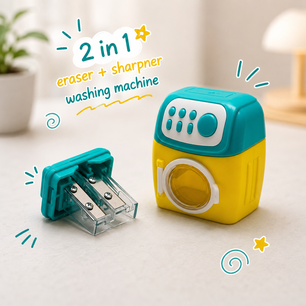 Washing Machine Teal 2-in-1 Eraser & Sharpener