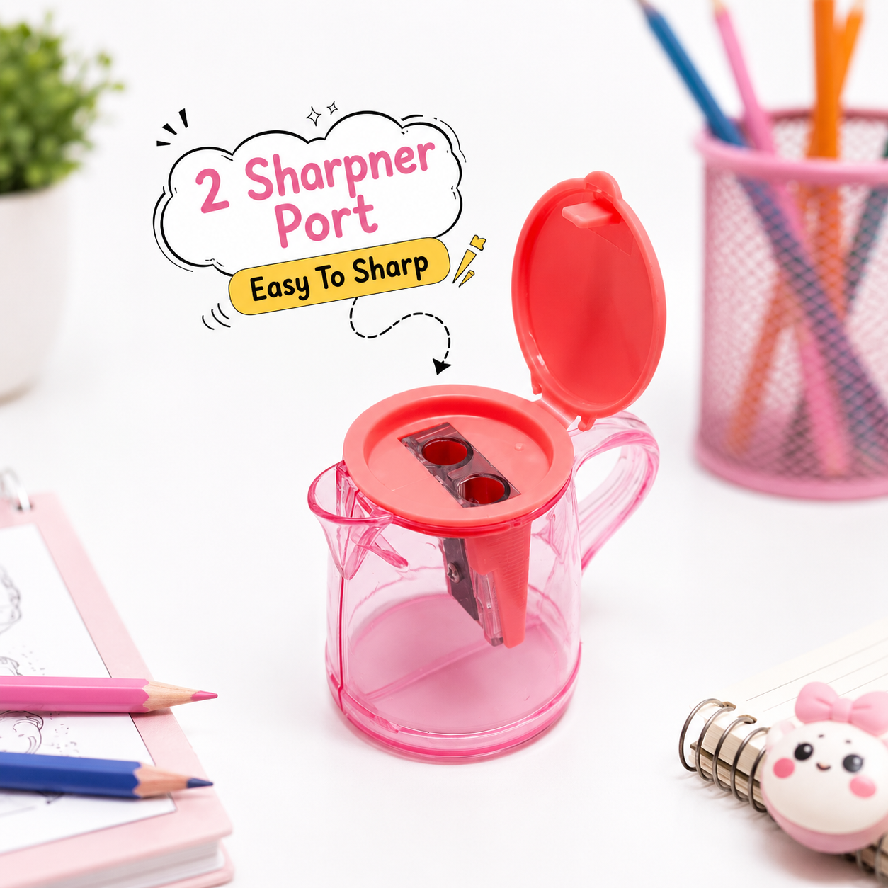 Candy Pink 2-Port Kettle Shape Pencil Sharpener