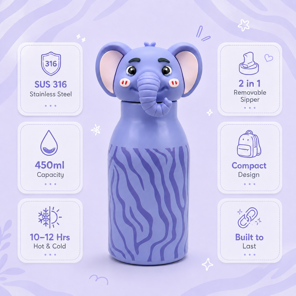 3D Elephant 450ml 2-in-1 Insulated Bottle
