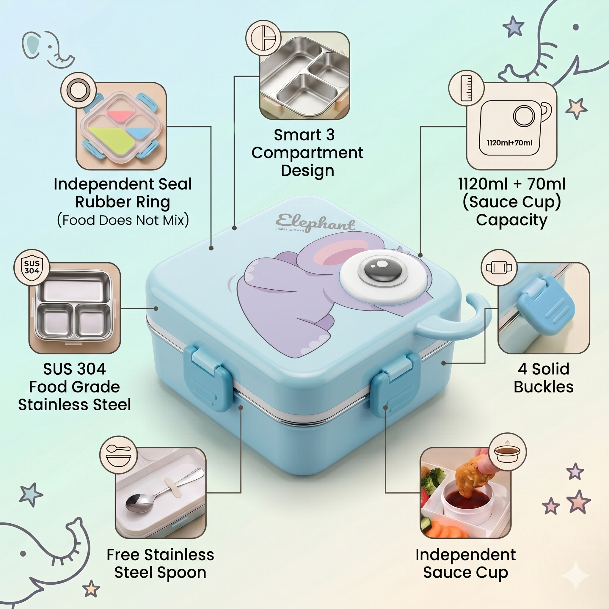 Elephant-Blue Giant 1120ml Double Layer Stainless Steel Bento Box