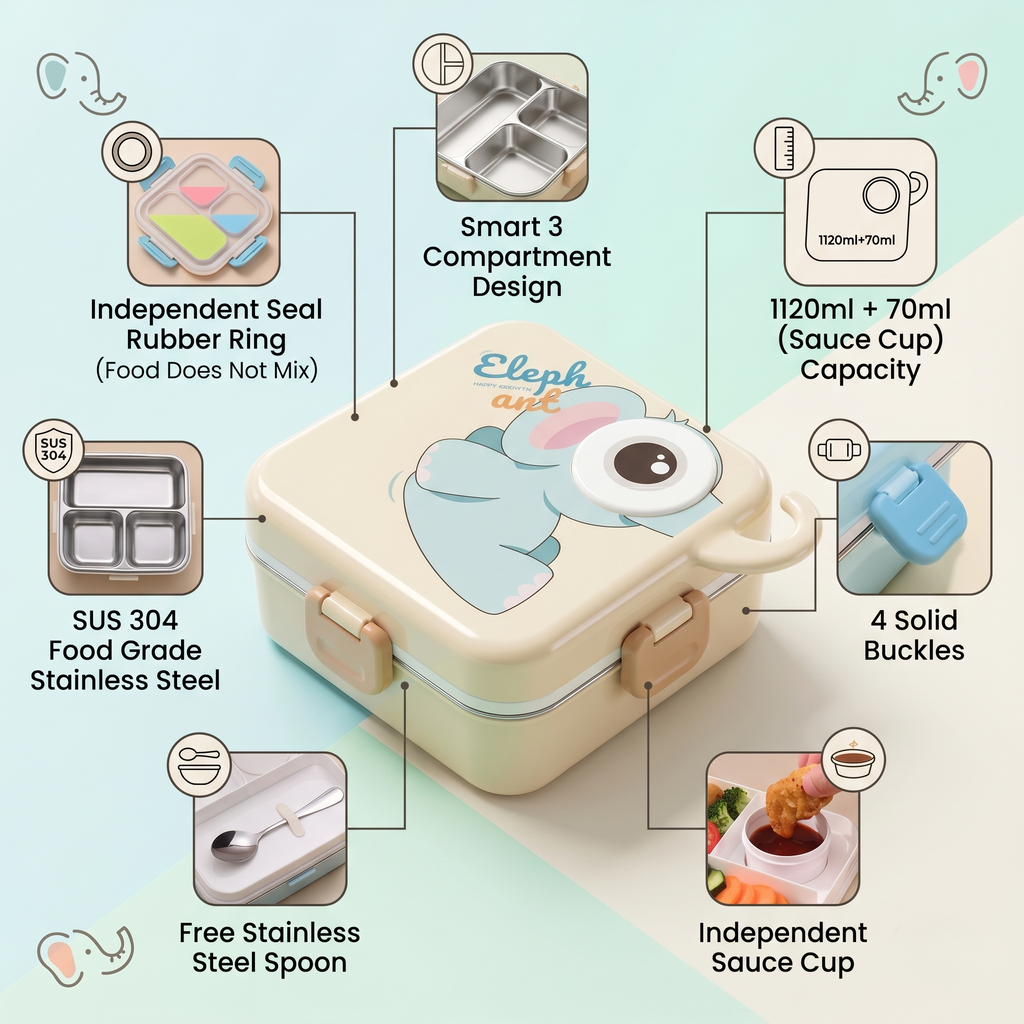 Elephant-Cream Giant 1120ml Double Layer Stainless Steel Bento Box