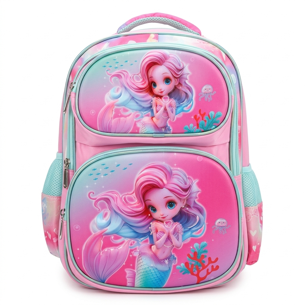 16" Enchanted Mermaid 3-Compartment Large Backpack | Ergonomic Pink & Teal School Bag for Girls