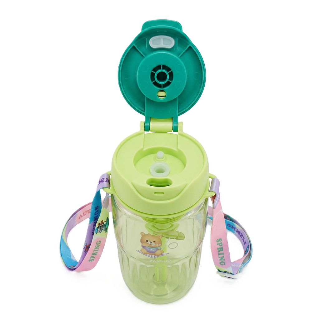 2-in-1 Dual-Lid "Spring Meadow" Bear Water Bottle | Green