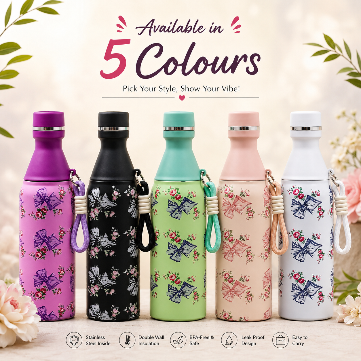 18oz Floral Insulated Water Bottle – Black