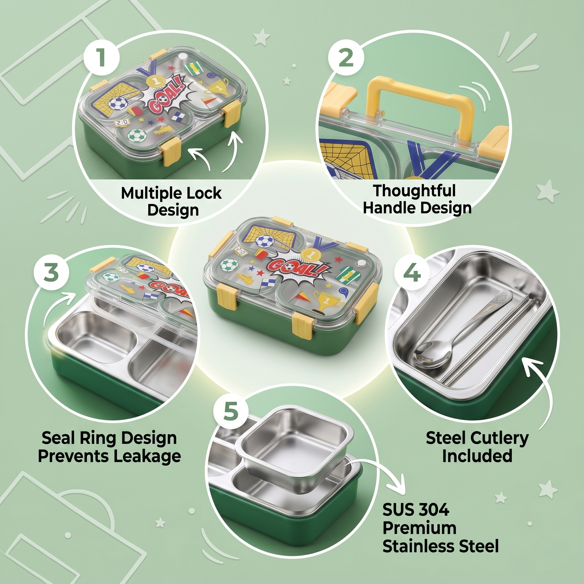"Football Goal" 3-Compartment Premium SUS 304 Stainless Steel Bento Box