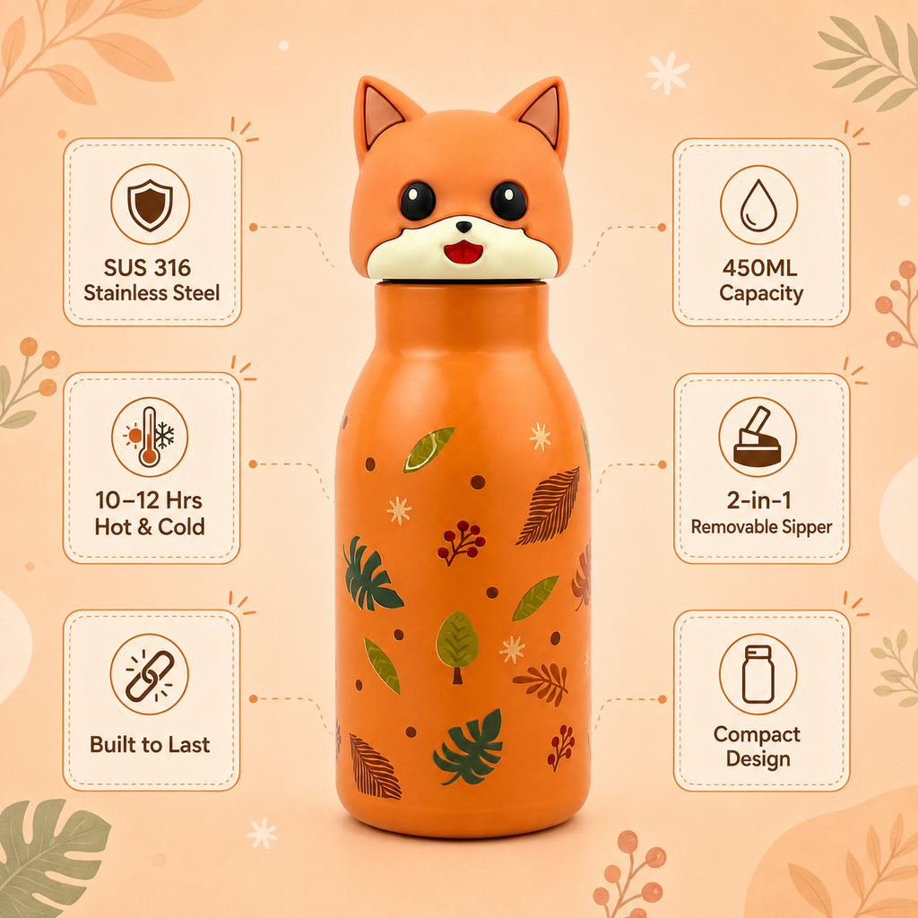 3D Fox 450ml 2-in-1 Insulated Bottle
