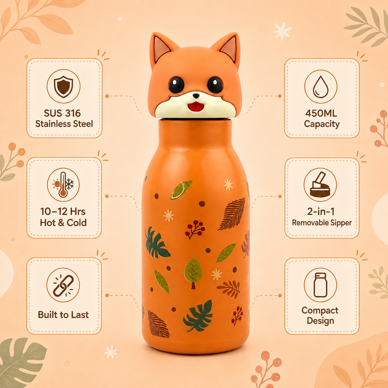 3D Fox 450ml 2-in-1 Insulated Bottle