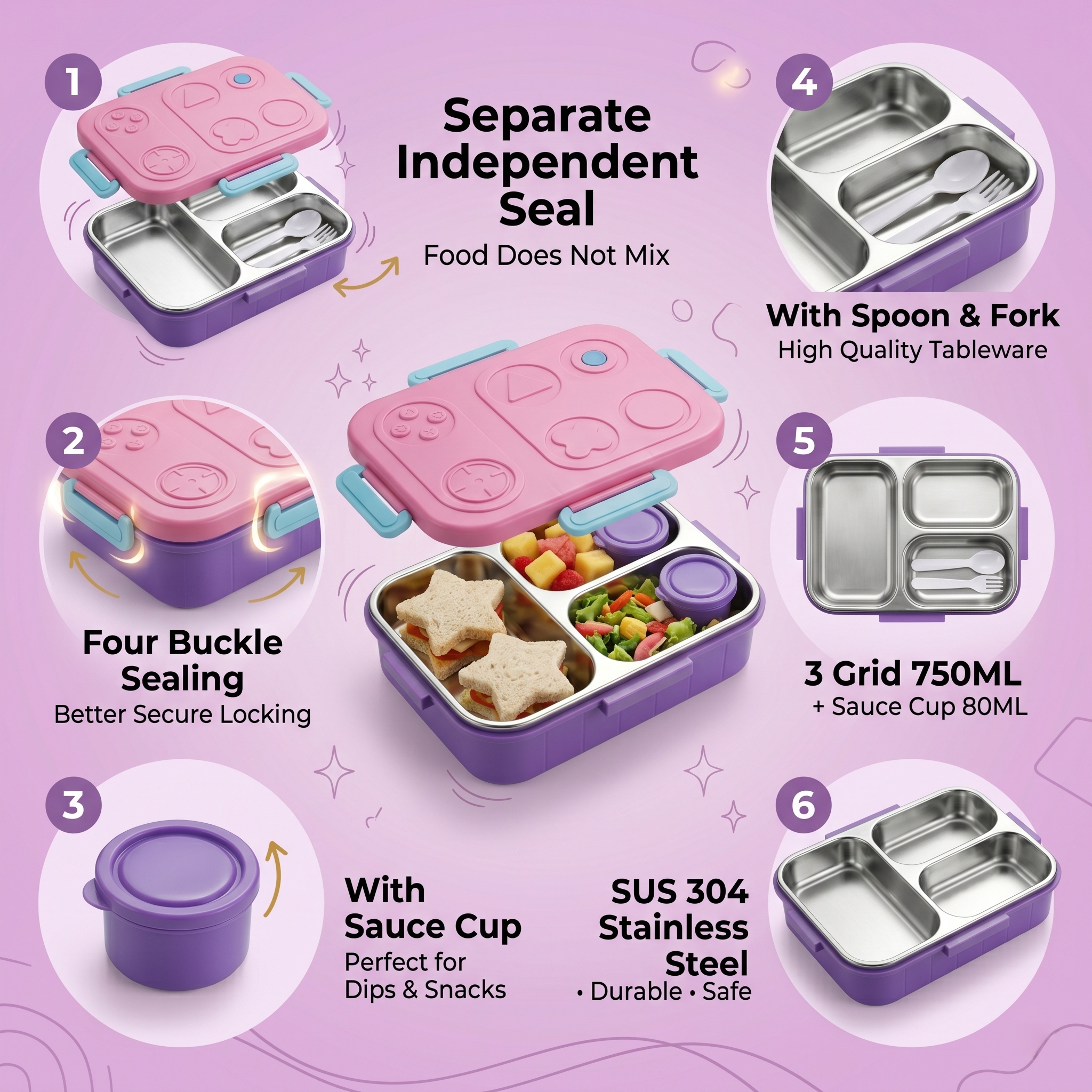 Pink & Purple "Retro Gamer" 750ml Premium Kids Bento Box