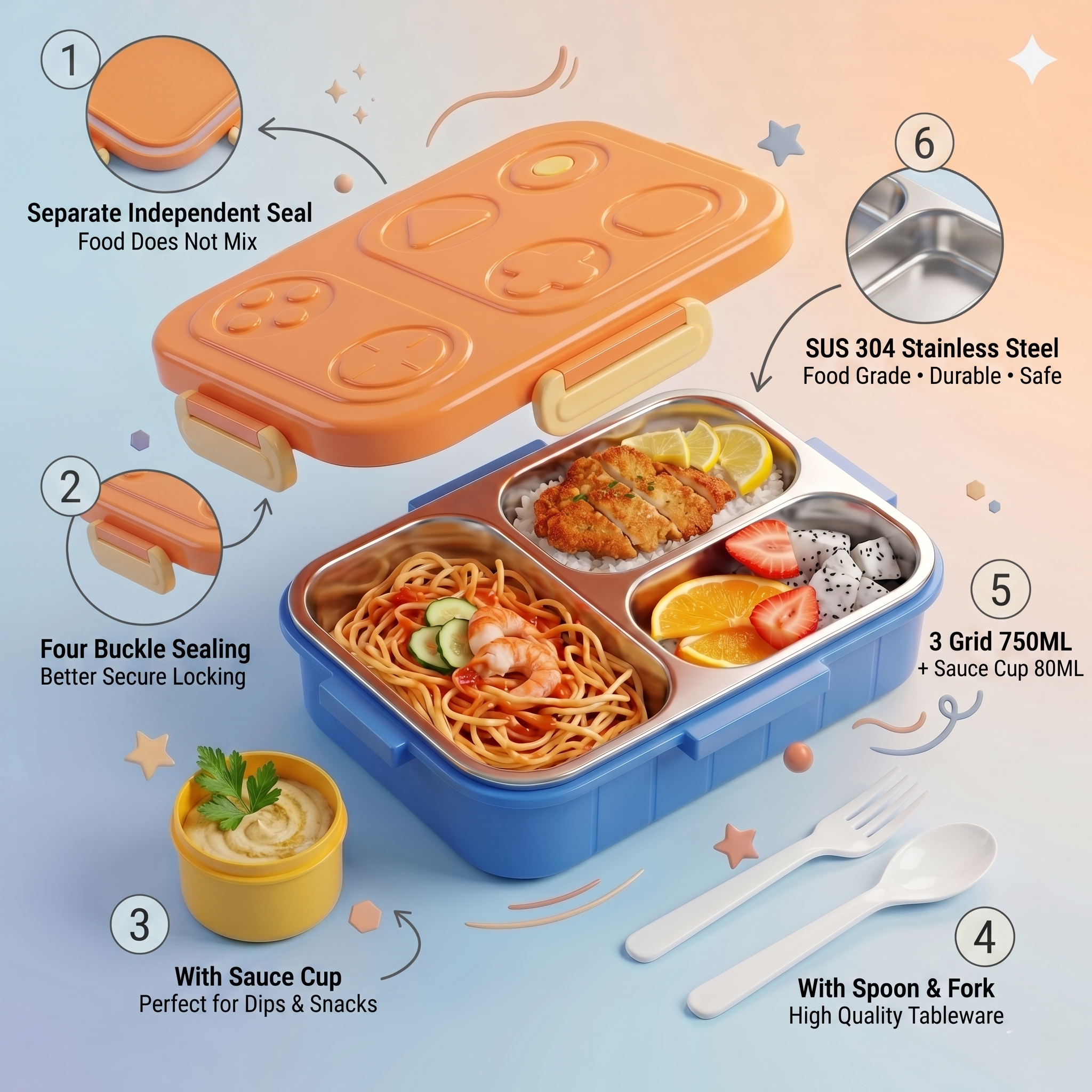 Retro Orange "X-Kid Gamer" 750ml Premium Kids Bento Box