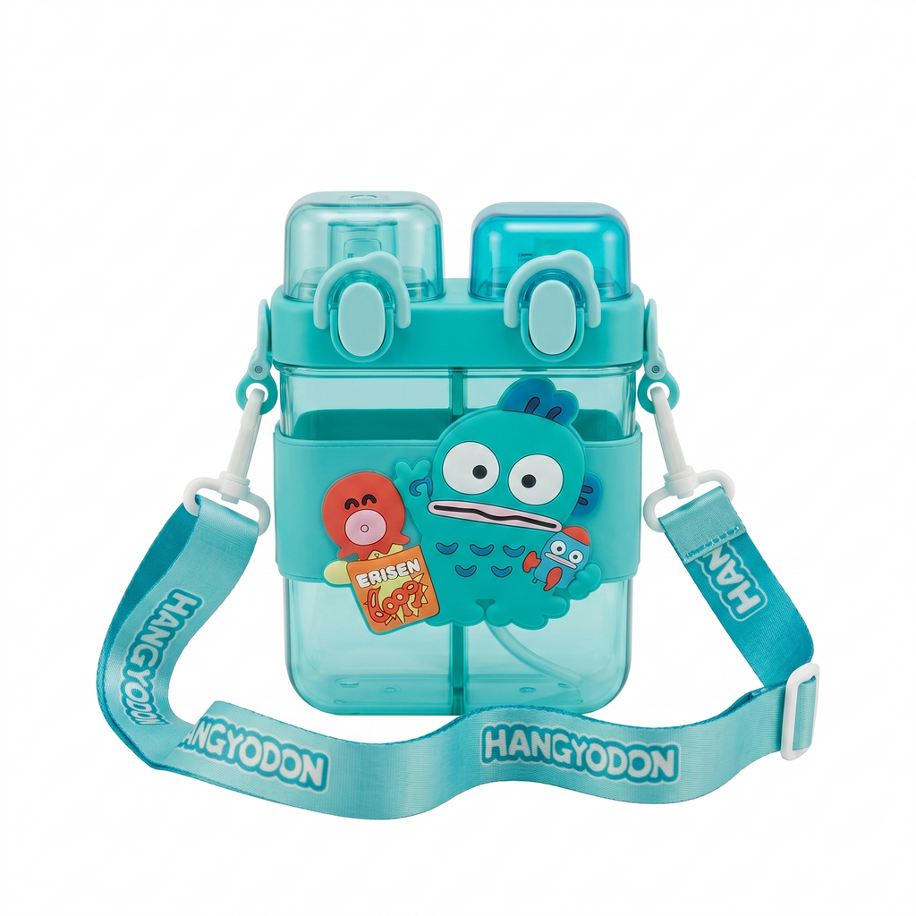Hangyodon 2-in-1 Dual-Chamber Water Bottle for Kids | 680ml Teal Sipper & Non-Sipper BPA-Free Plastic Bottle with Adjustable Carry Strap