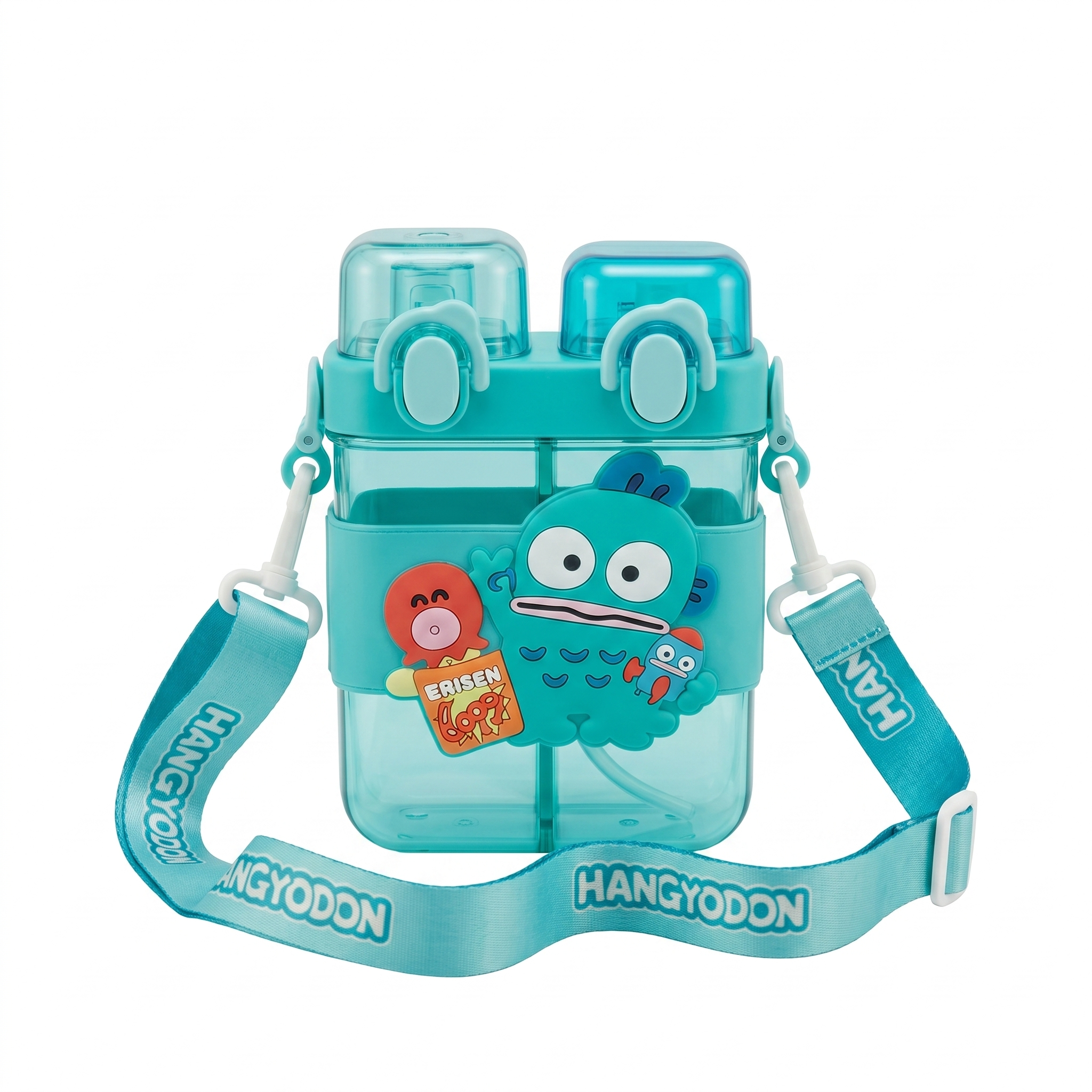 Hangyodon 2-in-1 Dual-Chamber Water Bottle for Kids | 680ml Teal Sipper & Non-Sipper BPA-Free Plastic Bottle with Adjustable Carry Strap