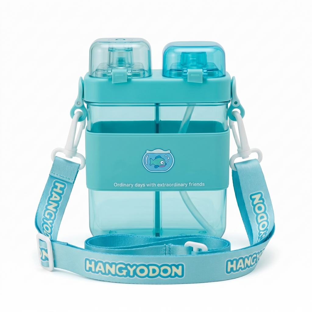 Hangyodon 2-in-1 Dual-Chamber Water Bottle for Kids | 680ml Teal Sipper & Non-Sipper BPA-Free Plastic Bottle with Adjustable Carry Strap