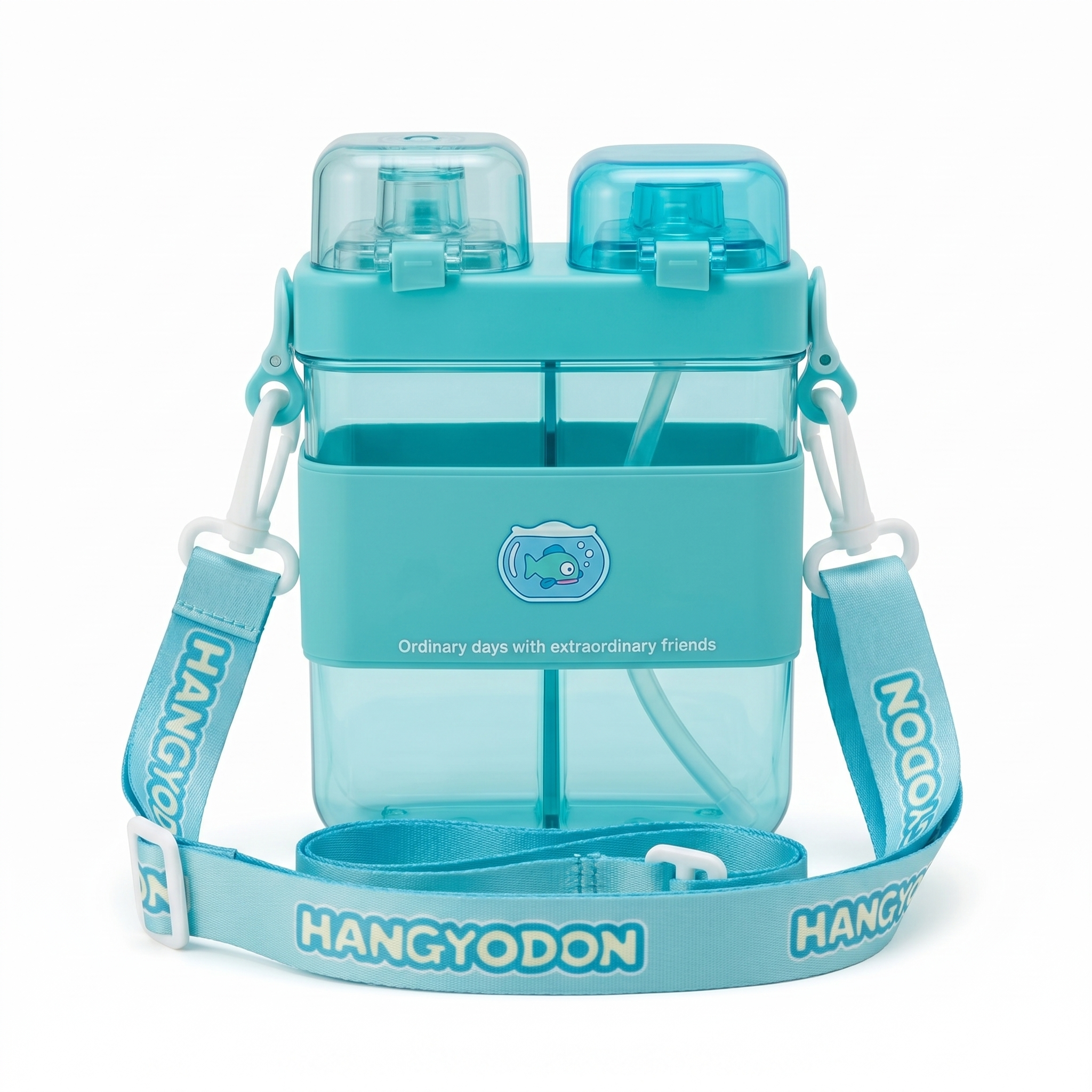 Hangyodon 2-in-1 Dual-Chamber Water Bottle for Kids | 680ml Teal Sipper & Non-Sipper BPA-Free Plastic Bottle with Adjustable Carry Strap