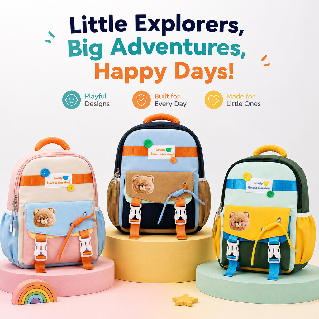 Happy Bear 15" Kids Backpack – Sky Blue & Navy | 10L