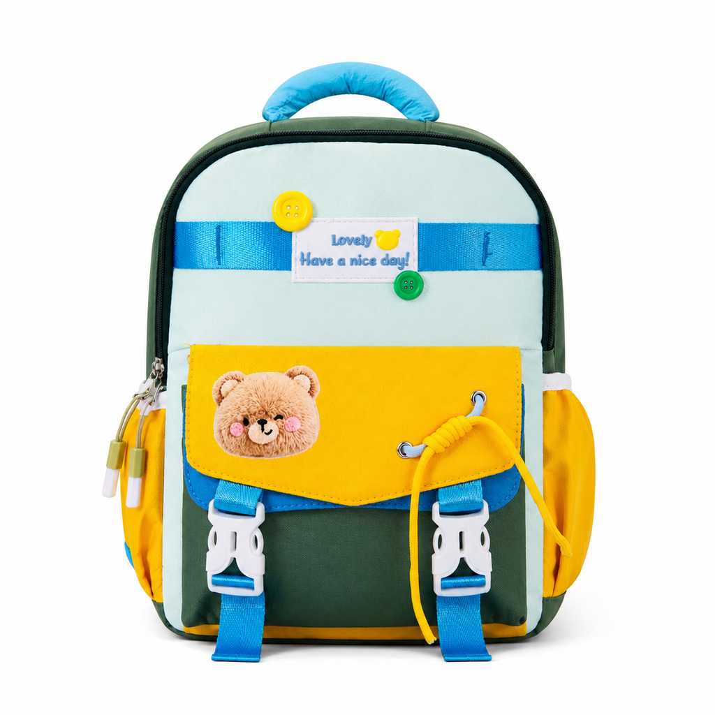 Happy Bear 15" Kids Backpack – Green & Yellow | 10L