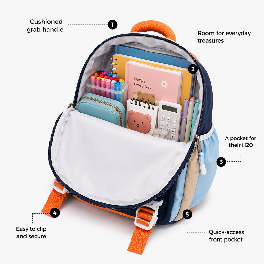 Happy Bear 15" Kids Backpack – Sky Blue & Navy | 10L