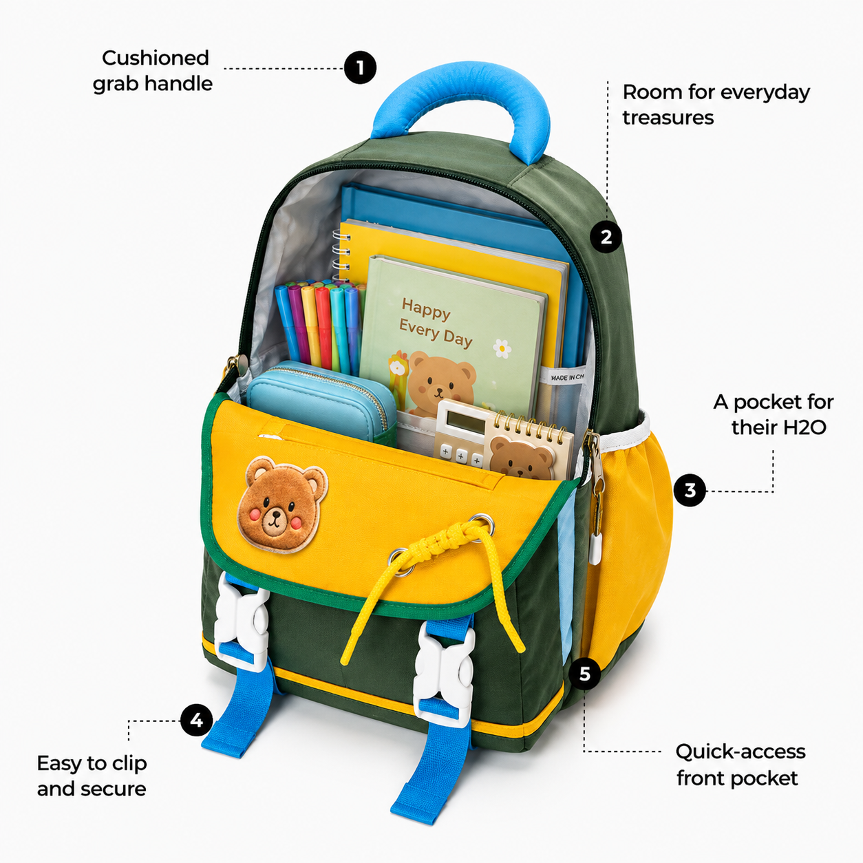 Happy Bear 15" Kids Backpack – Green & Yellow | 10L