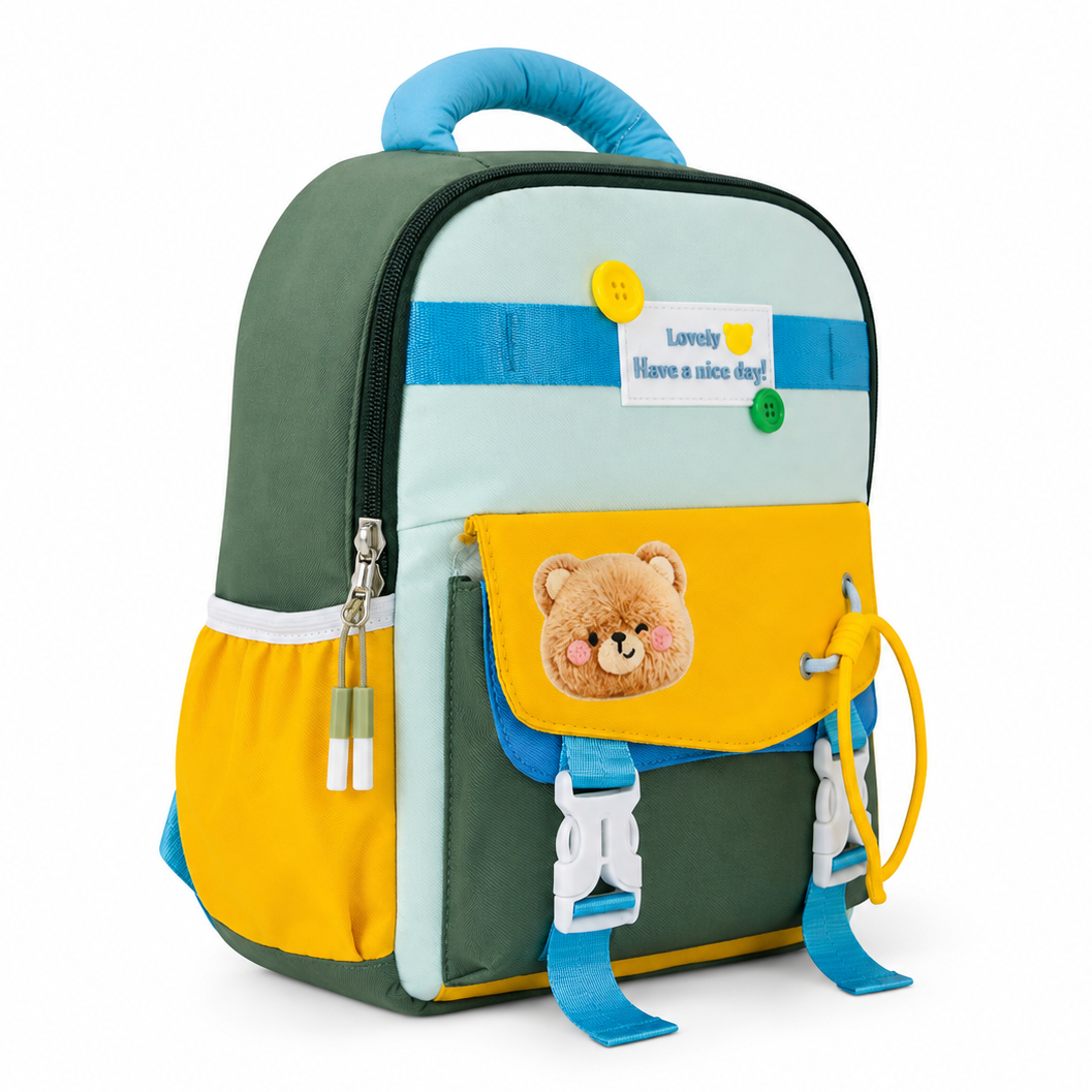 Happy Bear 15" Kids Backpack – Green & Yellow | 10L