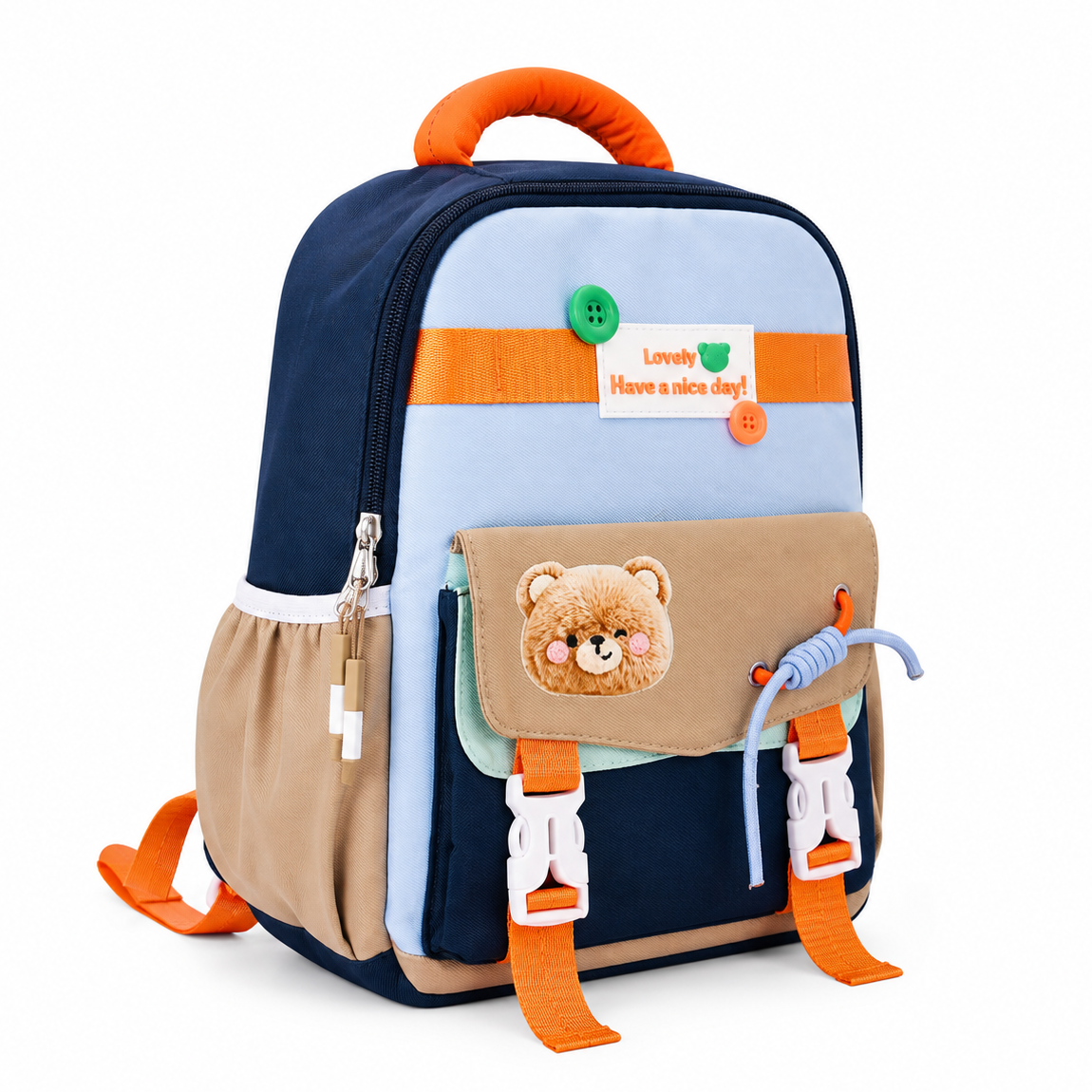 Happy Bear 15" Kids Backpack – Sky Blue & Navy | 10L