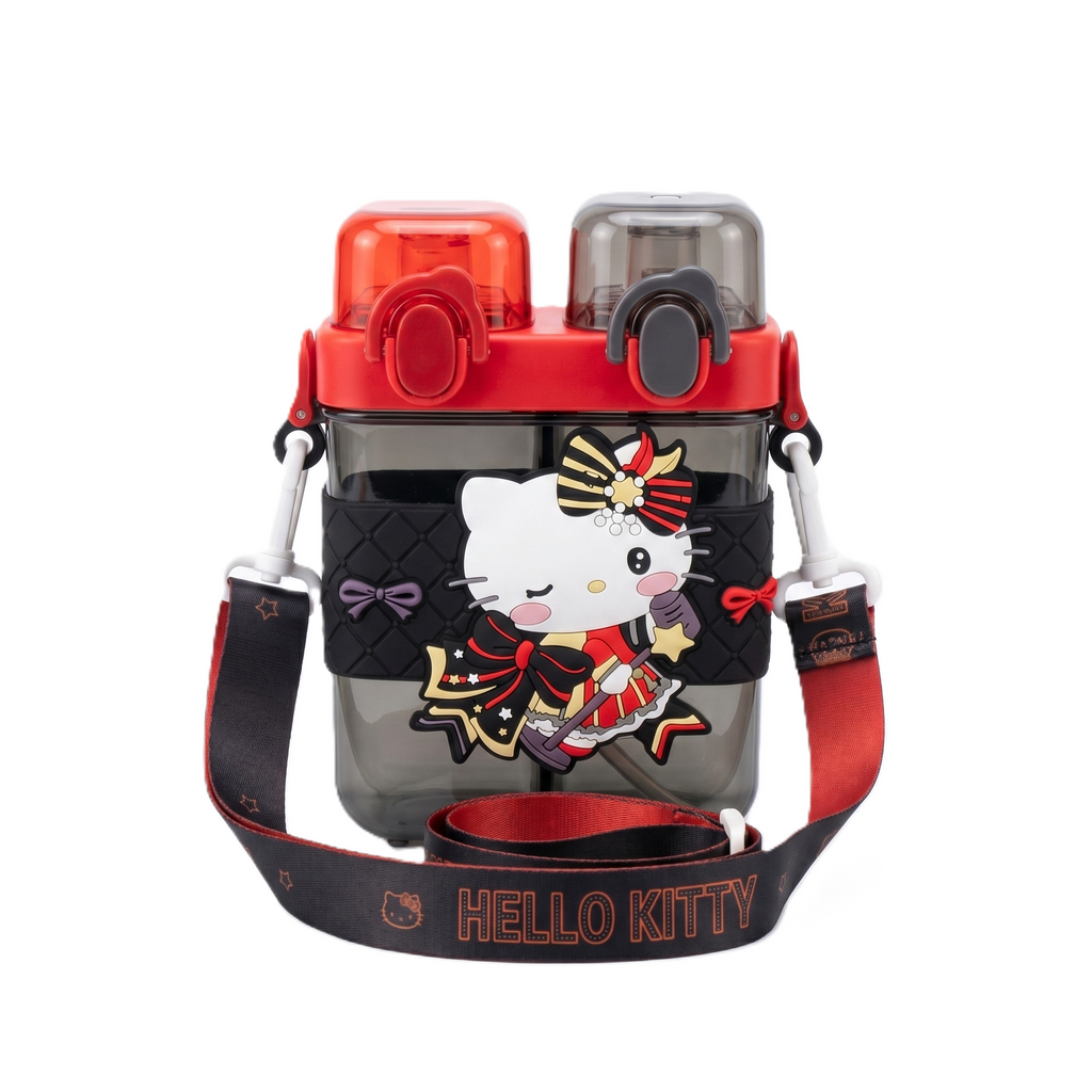 Hello Kitty 2-in-1 Dual-Chamber Water Bottle for Kids | 680ml Red & Black Sipper & Non-Sipper BPA-Free Plastic Bottle with Adjustable Carry Strap