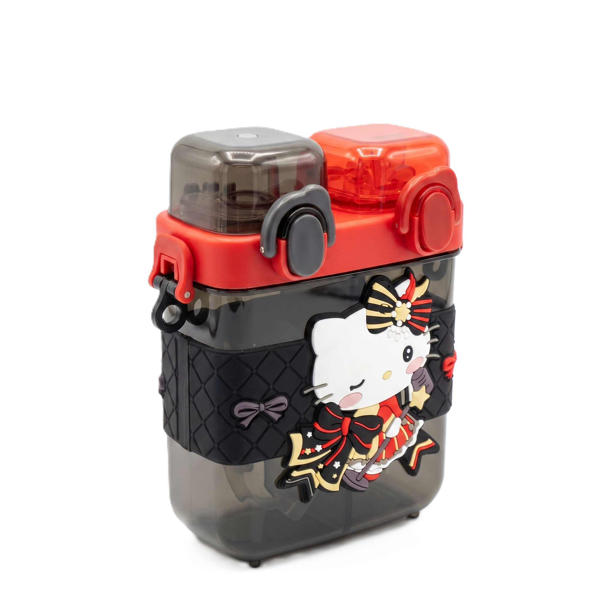 Hello Kitty 2-in-1 Dual-Chamber Water Bottle for Kids | 680ml Red & Black Sipper & Non-Sipper BPA-Free Plastic Bottle with Adjustable Carry Strap