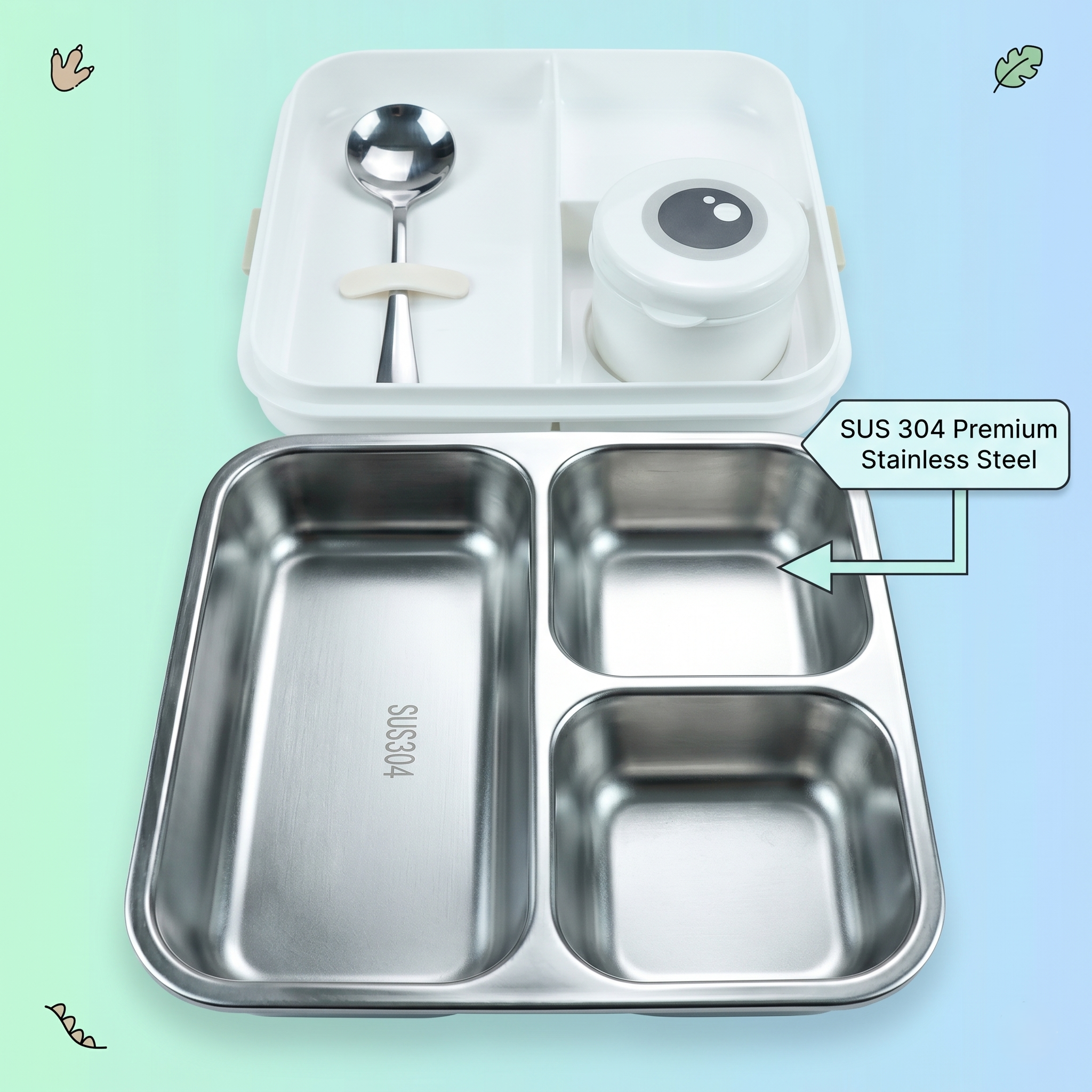 Dino-Green Giant 1120ml Double Layer Stainless Steel Bento Box