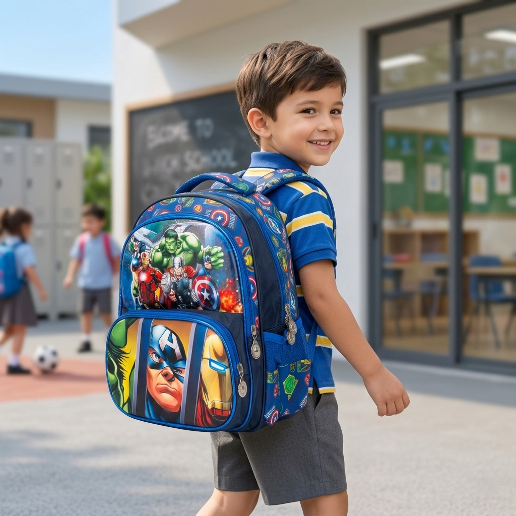 13" Superhero Multi-Compartment Junior Backpack | Ergonomic 3-Pocket School Bag for Kids