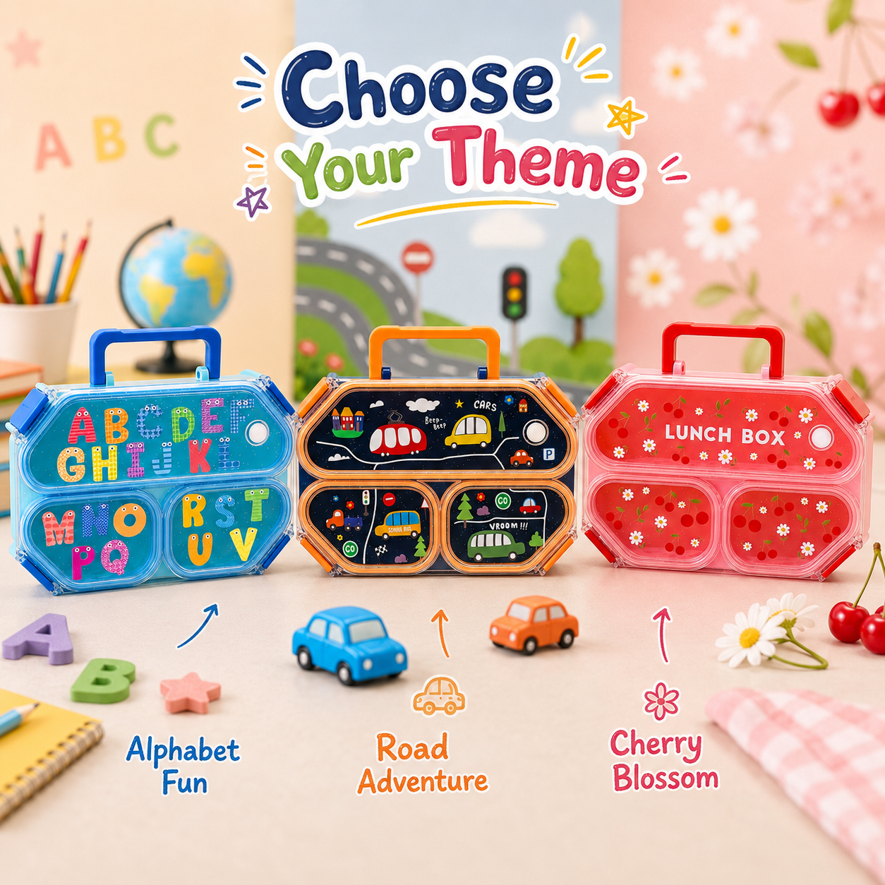Road Adventure 3-Compartment Leak-Proof Kids Lunch Box with Handle