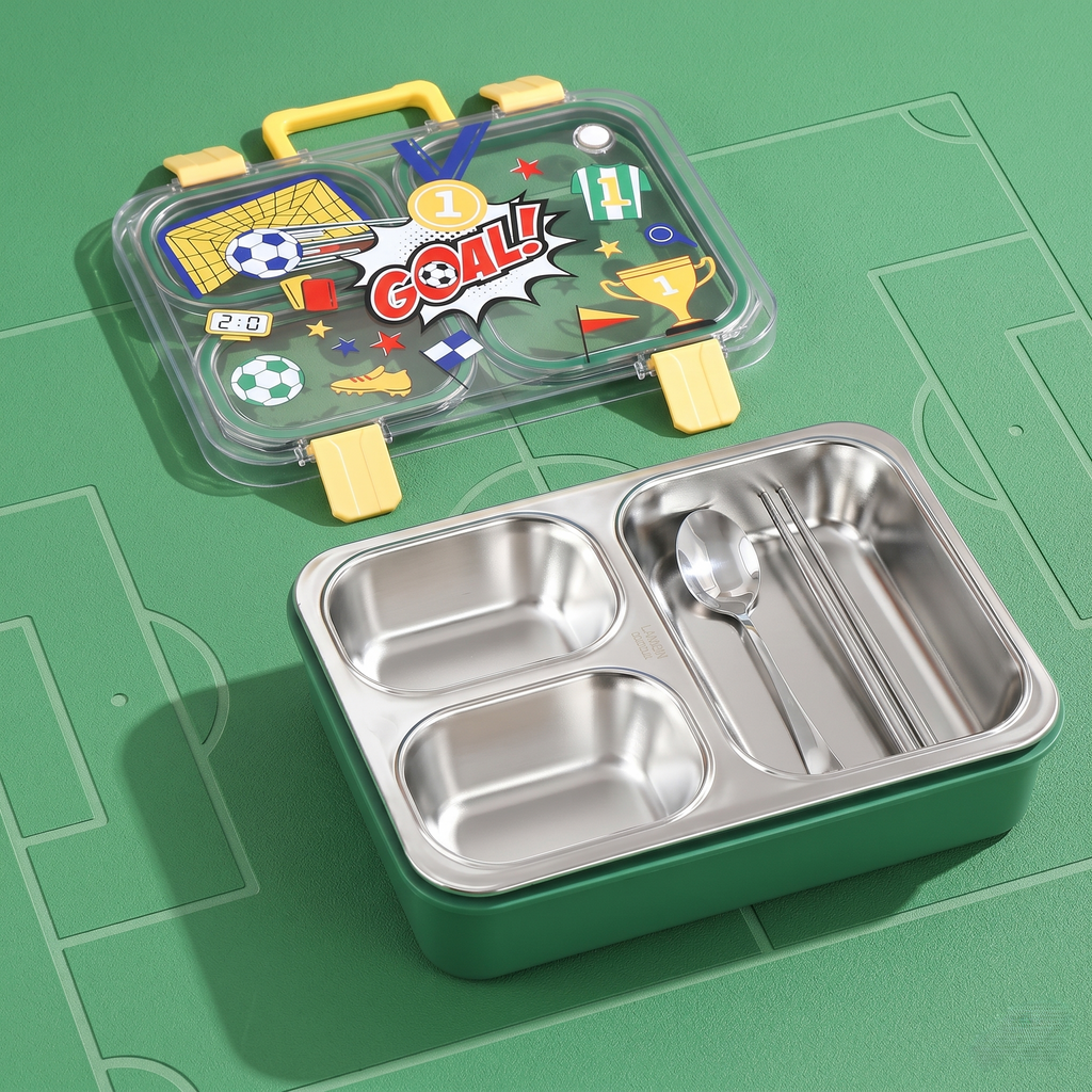 "Football Goal" 3-Compartment Premium SUS 304 Stainless Steel Bento Box