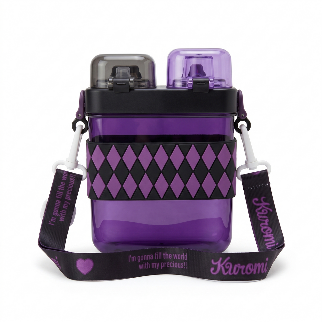 Kuromi 2-in-1 Dual-Chamber Water Bottle for Kids | 680ml Sipper & Non-Sipper BPA-Free Plastic Bottle with Adjustable Carry Strap