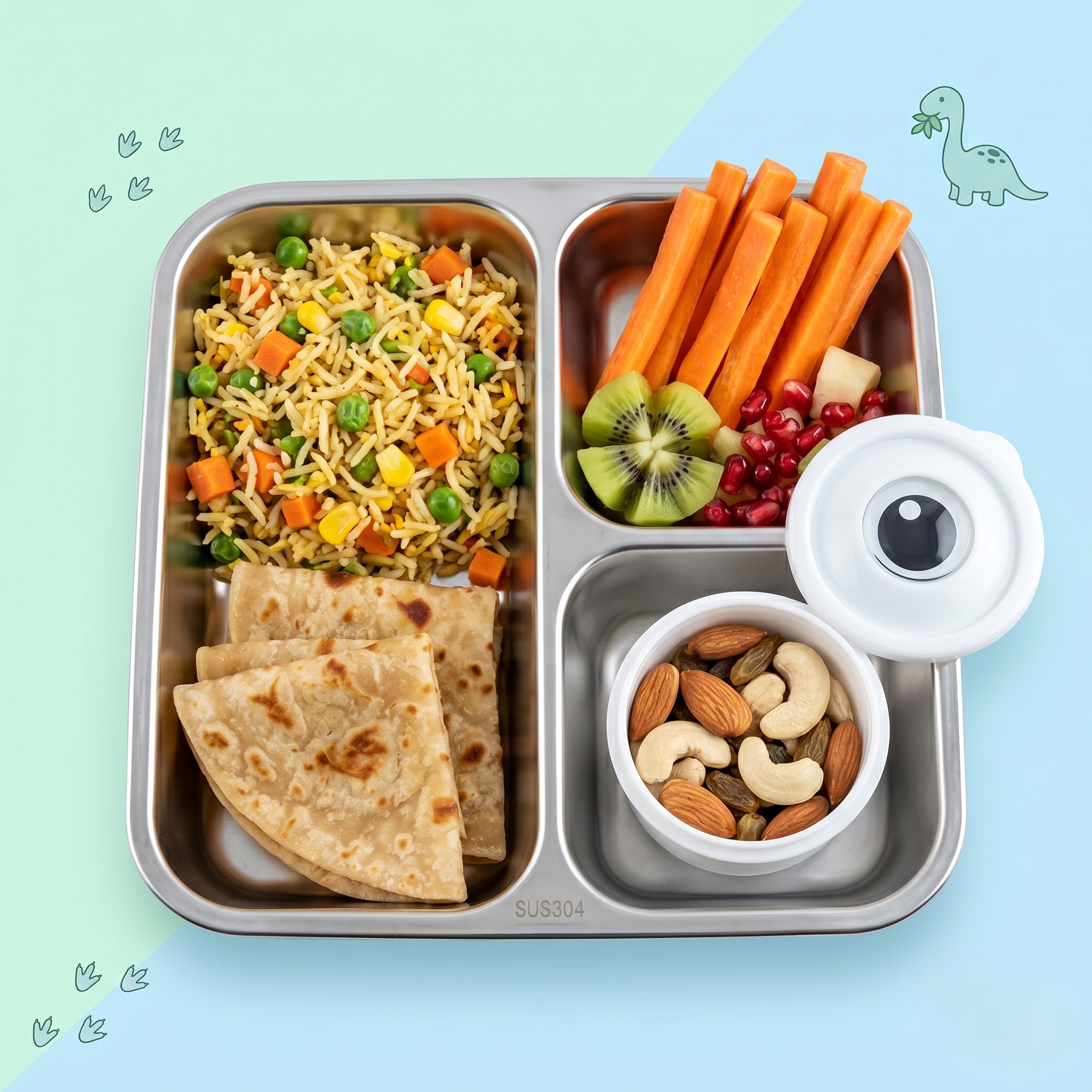 Dino-Green Giant 1120ml Double Layer Stainless Steel Bento Box
