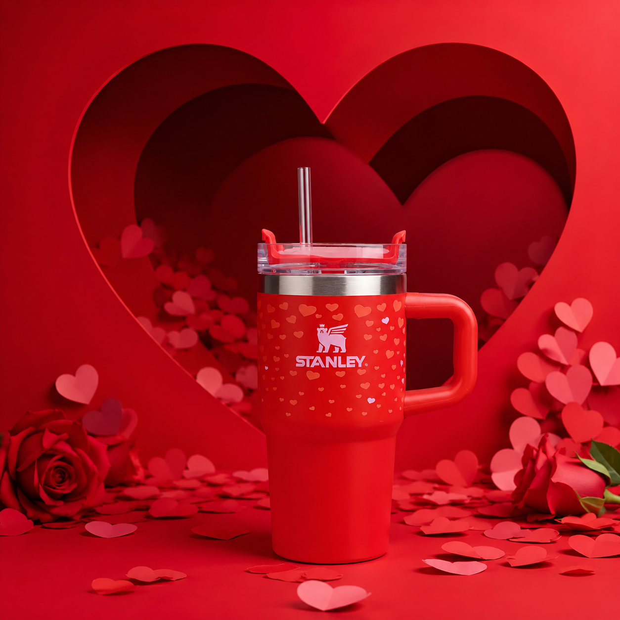 Red Stanley mug with heart pattern on a red background with heart shapes and roses