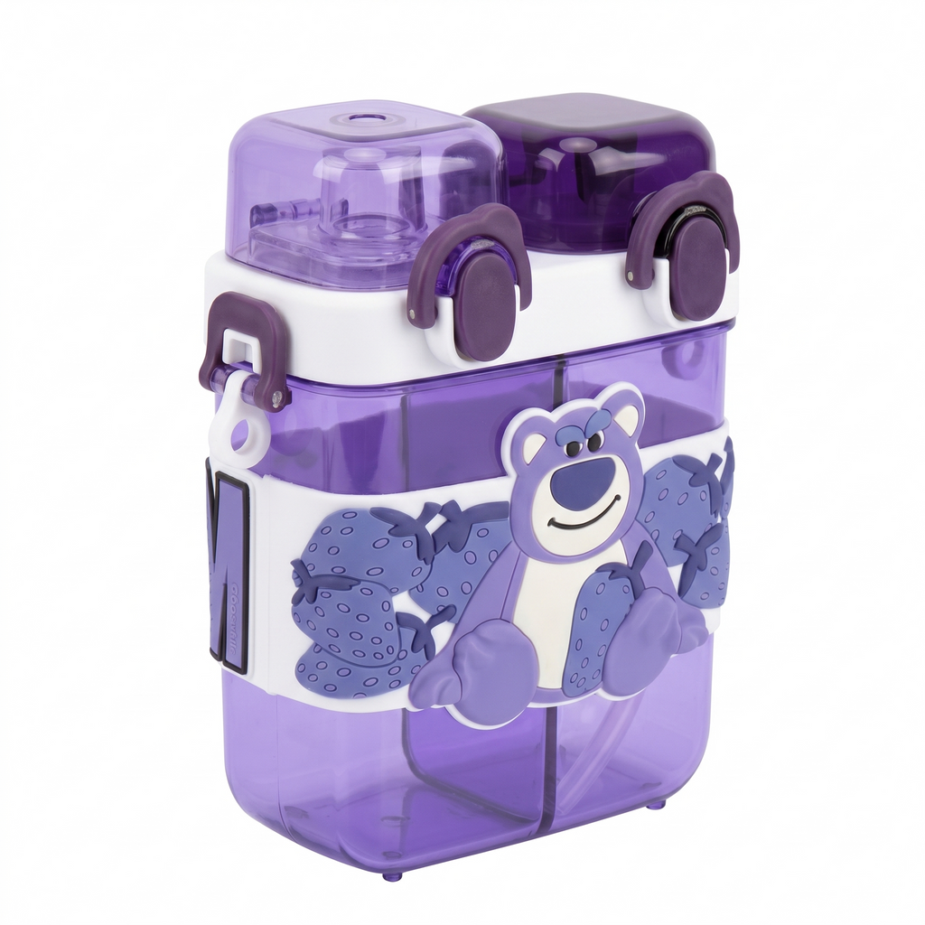 Lotso Bear 2-in-1 Dual-Chamber Water Bottle for Kids | 680ml Purple Sipper & Non-Sipper BPA-Free Plastic Bottle with Adjustable Carry Strap